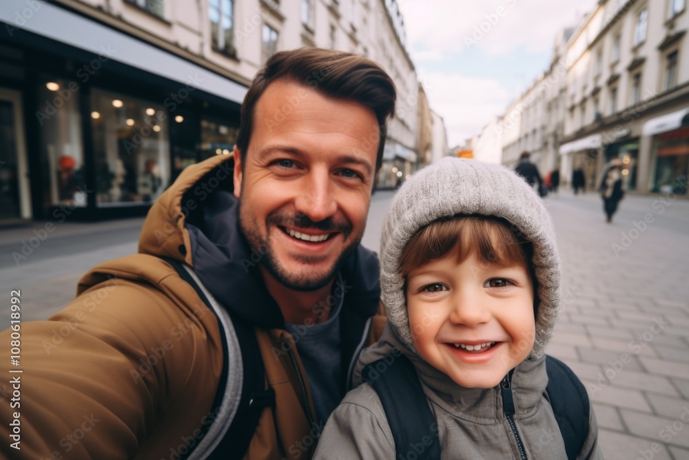 Close up of a father and his son taking selfie while walking in the city Close up of a father and his son taking selfie while walking in the city