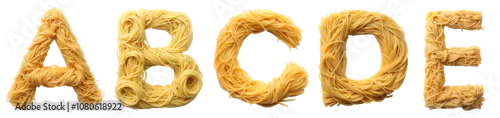 Panel kuchenny z motywem English alphabet letters A- E are made of pasta spaghetti letters on a transparent isolated background. Macaroni spaghetti food template. Brightly colored alphabet for stores.
