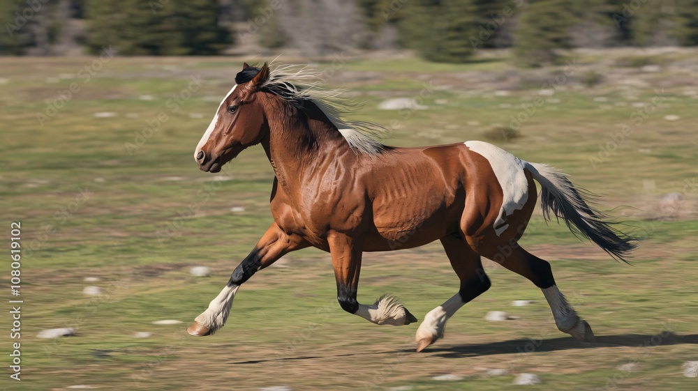Obraz premium Wild Horse Galloping Across Open Field, Capturing Freedom and Power