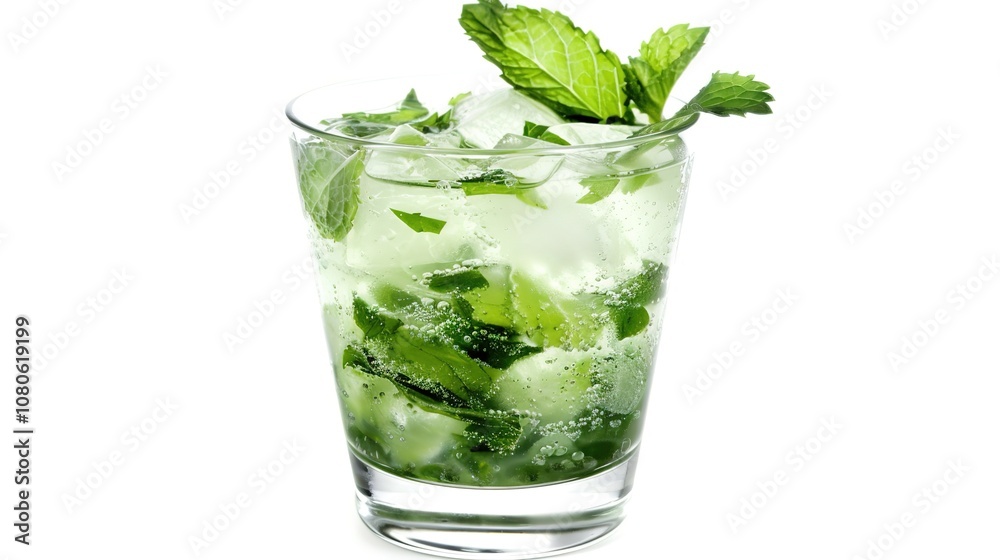 A Refreshing Mojito Cocktail Drink Standing Alone on a Crisp White Background. A Tantalizing and Invigorating Beverage in a Simple Setting. A Refreshing Mojito Cocktail Drink Standing Alone on a Crisp White Background. A Tantalizing and Invigorating Beverage in a Simple Setting.
