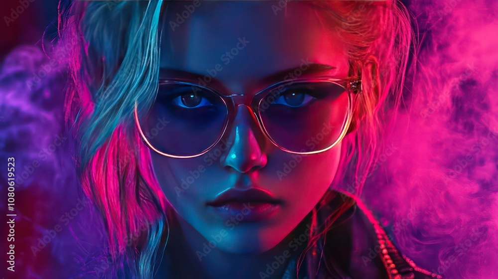 Obraz premium portrait of a stylish young girl in close-up, a girl with blonde hair wearing glasses, fashionable clothes, a jacket in smoke under neon lighting
