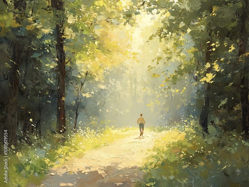 A lone figure walks along a path through a sun-drenched forest, the light filtering through the trees creating a magical atmosphere.