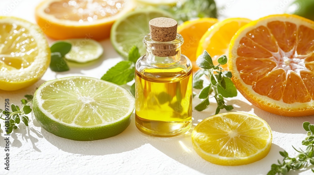 Citrus essential oil surrounded by fresh sliced fruits and herbs Citrus essential oil surrounded by fresh sliced fruits and herbs