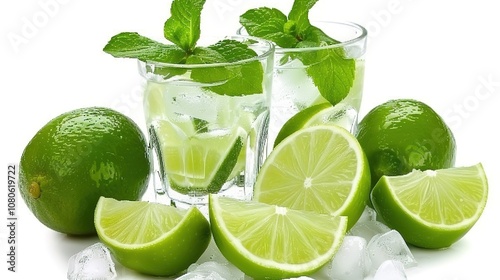 A Refreshing Mojito Cocktail Drink Standing Alone on a Crisp White Background. A Tantalizing and Invigorating Beverage in a Simple Setting.