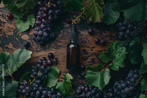 Bottle of resveratrol surrounded by fresh grapes photo