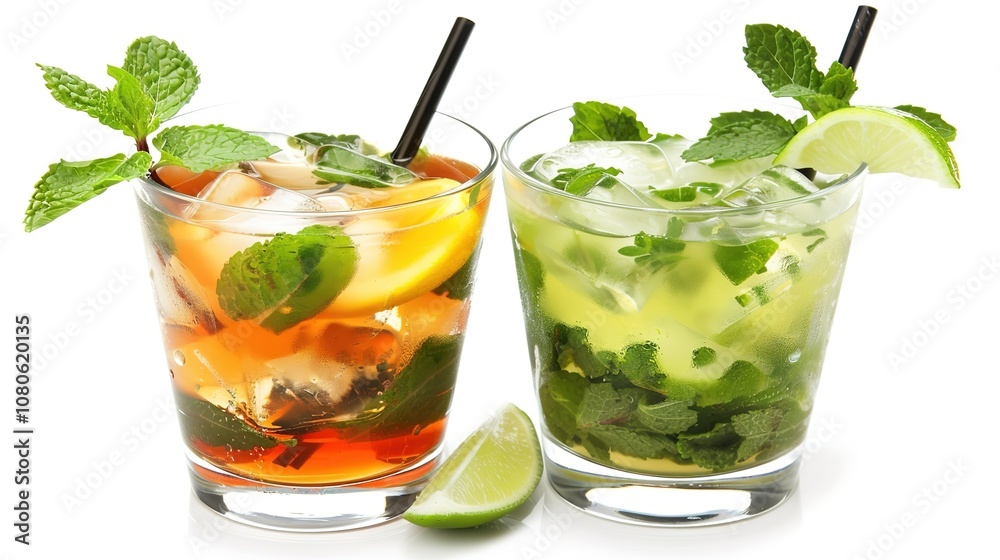 A Refreshing Mojito Cocktail Drink Standing Alone on a Crisp White Background. A Tantalizing and Invigorating Beverage in a Simple Setting. A Refreshing Mojito Cocktail Drink Standing Alone on a Crisp White Background. A Tantalizing and Invigorating Beverage in a Simple Setting.