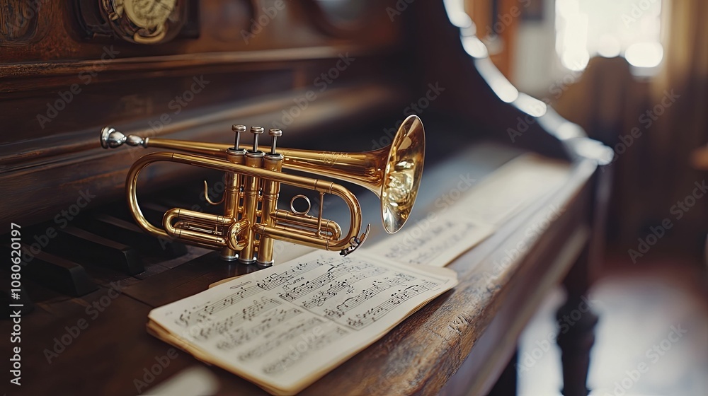 Obraz premium Golden Trumpet Resting on Piano Keys with Sheet Music