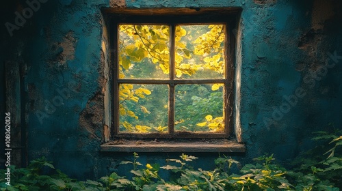 A beautifully captured image of an old weathered window set in a rustic wall providing a glimpse of vibrant greenery and lush foliage outside