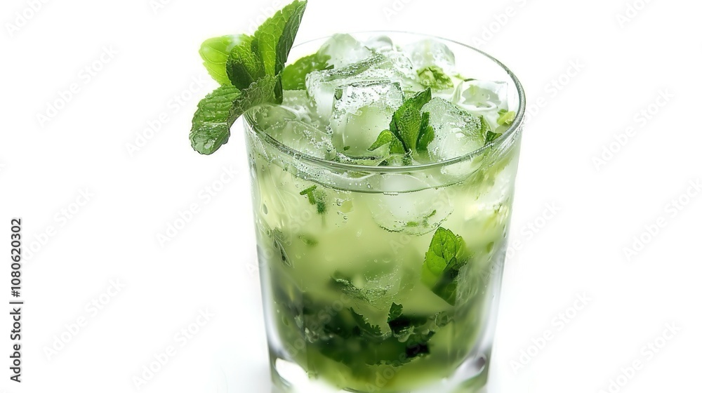 A Refreshing Mojito Cocktail Drink Standing Alone on a Crisp White Background. A Tantalizing and Invigorating Beverage in a Simple Setting. A Refreshing Mojito Cocktail Drink Standing Alone on a Crisp White Background. A Tantalizing and Invigorating Beverage in a Simple Setting.