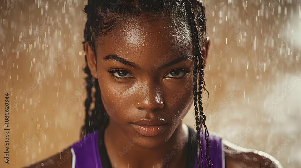 Fototapeta premium Close Up Portrait of a Woman in the Rain - Realistic Image
