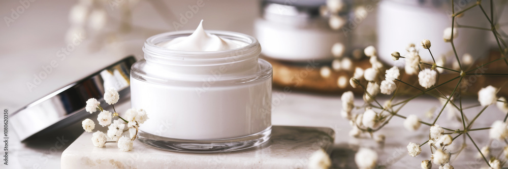 An advertising banner with a glass jar filled with white moisturizer on a marble stone background. There are small white flowers next to the jar. With a place for the text. An advertising banner with a glass jar filled with white moisturizer on a marble stone background. There are small white flowers next to the jar. With a place for the text.