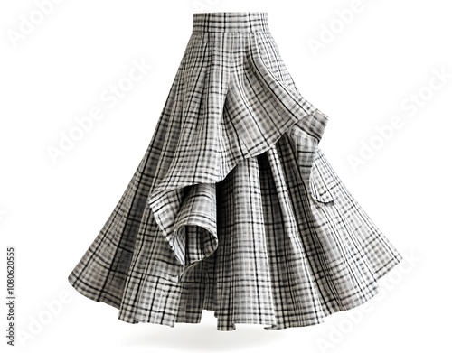 A gray and white plaid wool skirt with an open waist, flared at the bottom, high quality, front view, white background, product photography, photo