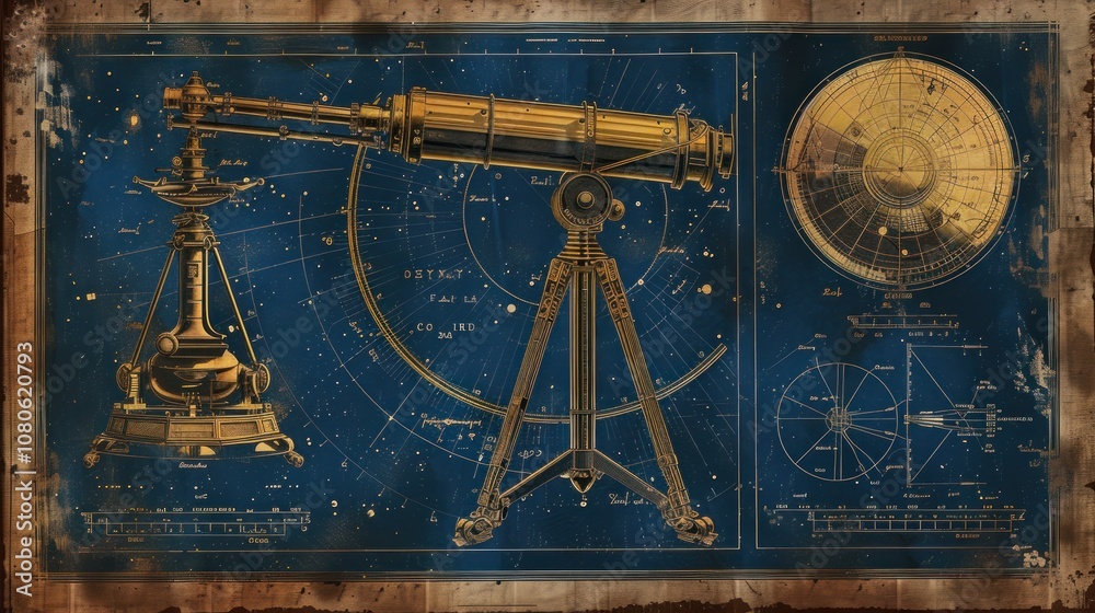 Fototapeta premium A vintage illustration of a telescope and celestial map on a blue background.