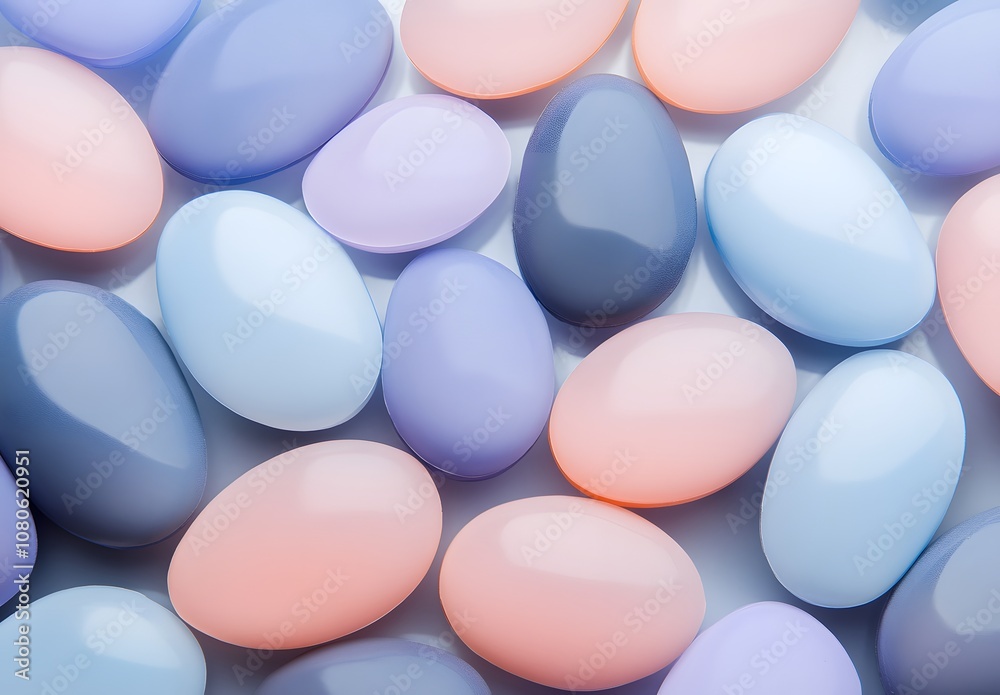 A photograph of blue, pastel pink, and lavender oval-shaped matte plastic pebbles arranged in an aesthetically pleasing composition on a reflective surface. A photograph of blue, pastel pink, and lavender oval-shaped matte plastic pebbles arranged in an aesthetically pleasing composition on a reflective surface.