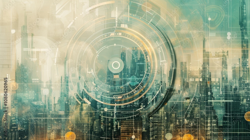 Obraz premium Conceptual texture background featuring futuristic cityscapes and technological motifs, symbolizing progress and innovation