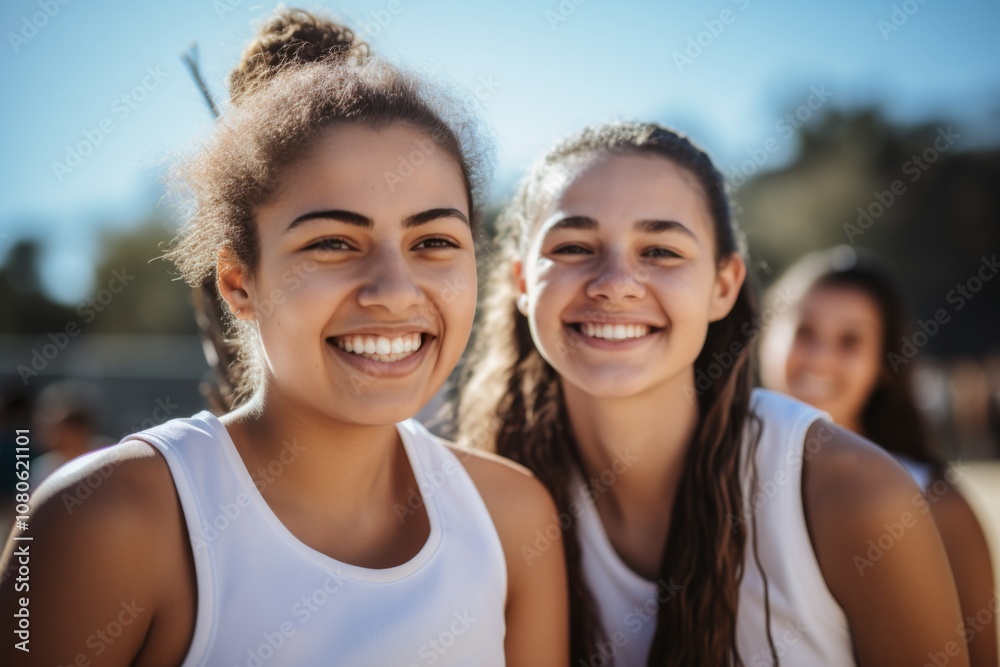 Portrait of a young female basketball team smiling Portrait of a young female basketball team smiling