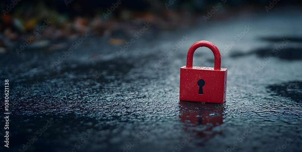 Fototapeta premium A red padlock on the background of wet asphalt, close-up.The concept of security and self-protection. High-resolution photography, detailed, natural lighting