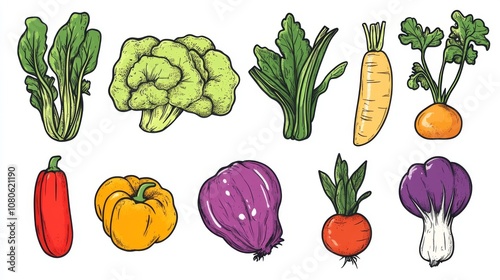 A vibrant illustration of various vegetables, showcasing fresh produce like carrots, broccoli, and peppers, ideal for healthy eating themes.