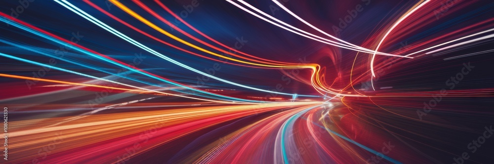 Dynamic abstract background and wide stripes of bright colors. Multicolored light paths pierce the darkness, creating a sense of speed and movement. Dynamic abstract background and wide stripes of bright colors. Multicolored light paths pierce the darkness, creating a sense of speed and movement.