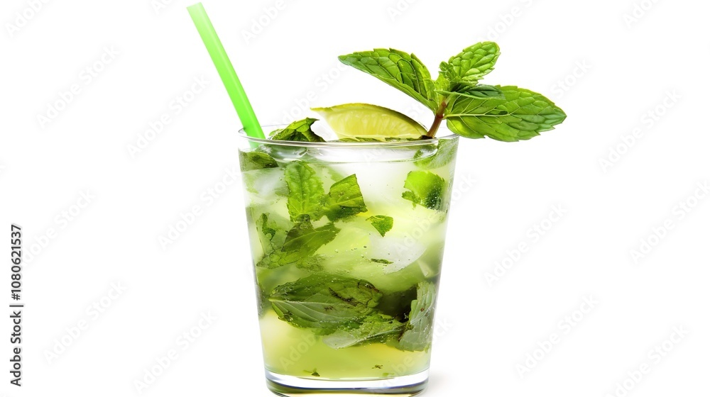 A Refreshing Mojito Cocktail Drink Standing Alone on a Crisp White Background. A Tantalizing and Invigorating Beverage in a Simple Setting.