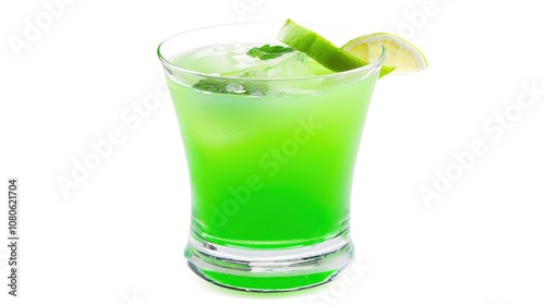 A Refreshing Mojito Cocktail Drink Standing Alone on a Crisp White Background. A Tantalizing and Invigorating Beverage in a Simple Setting.