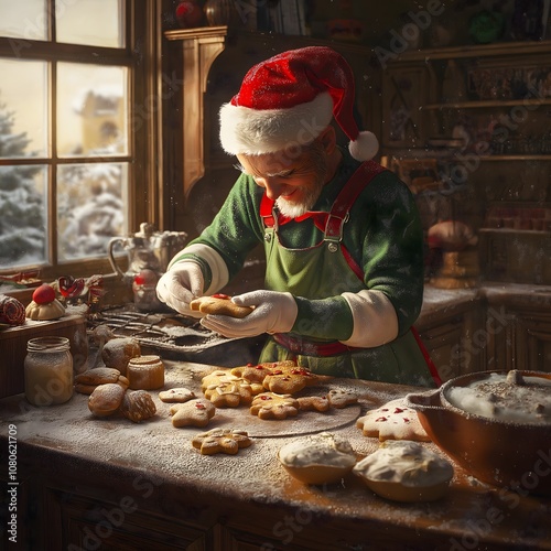 Young boy concentratedly baking Christmas cookies in the cozy, festive kitchen, surrounded by the trappings of the beloved holiday tradition photo