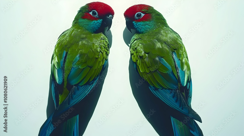 Obraz premium Two green and blue parrots with red heads on a white background.