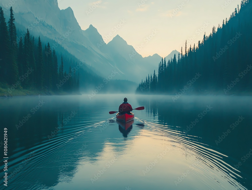A lone kayaker paddles through a misty lake, surrounded by towering mountains and lush forests. A lone kayaker paddles through a misty lake, surrounded by towering mountains and lush forests.