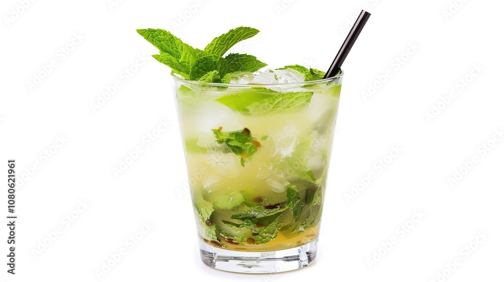 A Refreshing Mojito Cocktail Drink Standing Alone on a Crisp White Background. A Tantalizing and Invigorating Beverage in a Simple Setting. A Refreshing Mojito Cocktail Drink Standing Alone on a Crisp White Background. A Tantalizing and Invigorating Beverage in a Simple Setting.