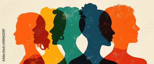 Colorful overlapping silhouettes of diverse people in profile on a textured beige background. Vibrant multicolor design representing diversity, unity, and inclusion. Social equality and multicultural.