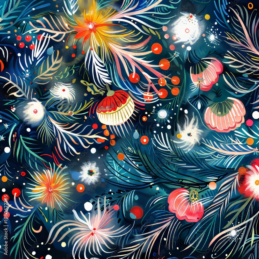 A colorful painting of a Christmas tree with many flowers and berries. The tree is blue and the flowers are red and yellow A colorful painting of a Christmas tree with many flowers and berries. The tree is blue and the flowers are red and yellow
