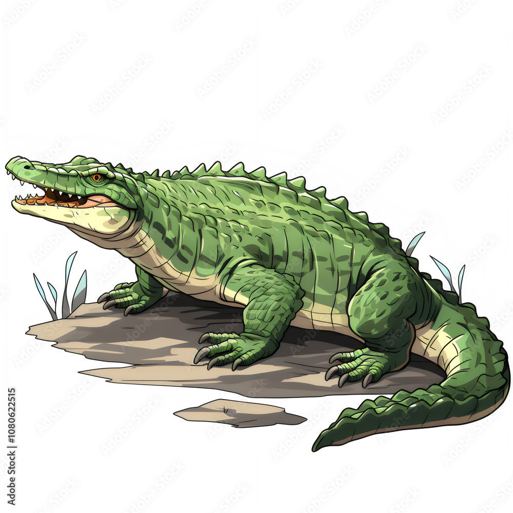 Fototapeta premium AI Generative cartoon of crocodile clipart, lurking, watercolor style, dark greens and grays, isolated on white background