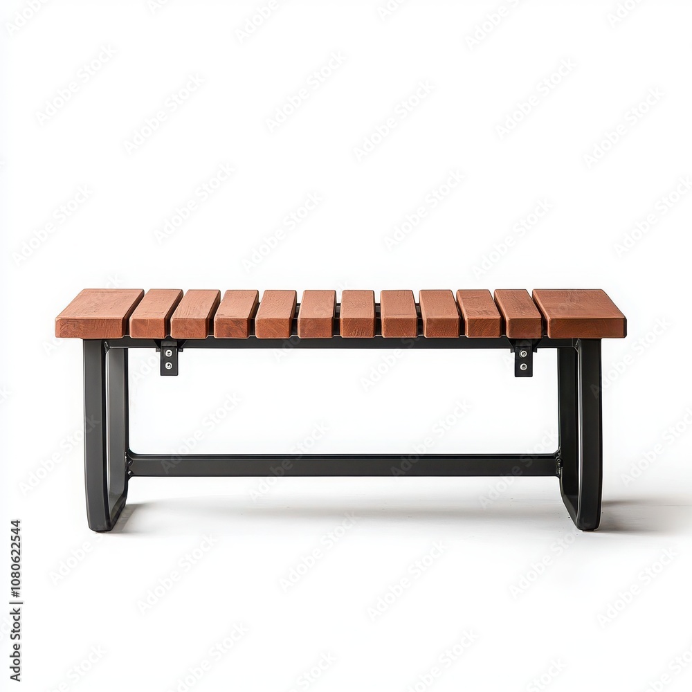 Stylish wooden bench with metal frame, white isolated background Stylish wooden bench with metal frame, white isolated background