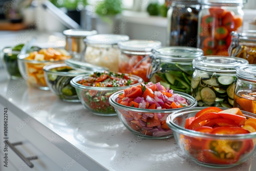 Freshly chopped vegetables displayed in clear bowls Freshly chopped vegetables displayed in clear bowls