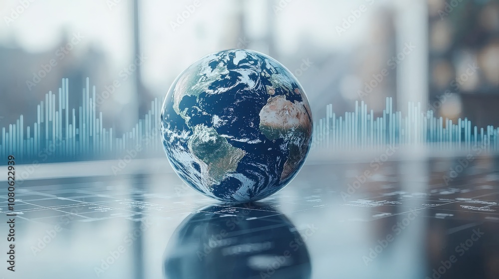 An elegant image of a globe resting on a reflective surface while data visualizations rise in the background, symbolizing the intersection of the natural and digital worlds. An elegant image of a globe resting on a reflective surface while data visualizations rise in the background, symbolizing the intersection of the natural and digital worlds.