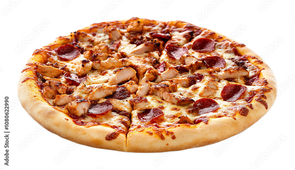 Pizza with BBQ chicken, cheese, and pepperoni on a white background. isolated background. Pizza with BBQ chicken, cheese, and pepperoni on a white background. isolated background.