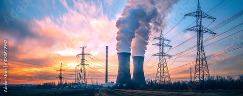 Nuclear power plant cooling towers emit steam at sunset with electricity pylons