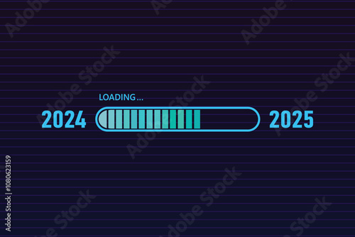 Blue loading bar from 2024 to 2025 on dark blue glitch background. New Year concept	