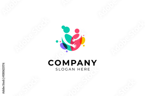 mother child love care logo in colorful flat template vector design style