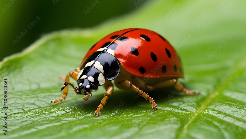 Obraz premium Ladybug crawling on green leaf garden macro photography natural habitat close-up insect behavior