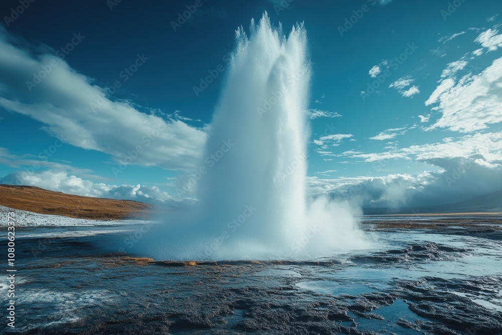 Obraz premium Majestic eruption of a powerful natural geyser in a serene landscape with clear blue skies and expansive clouds in the background