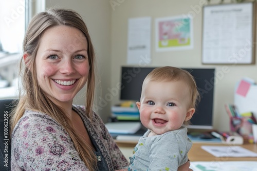 Smiling mother holding her happy baby in a home office.