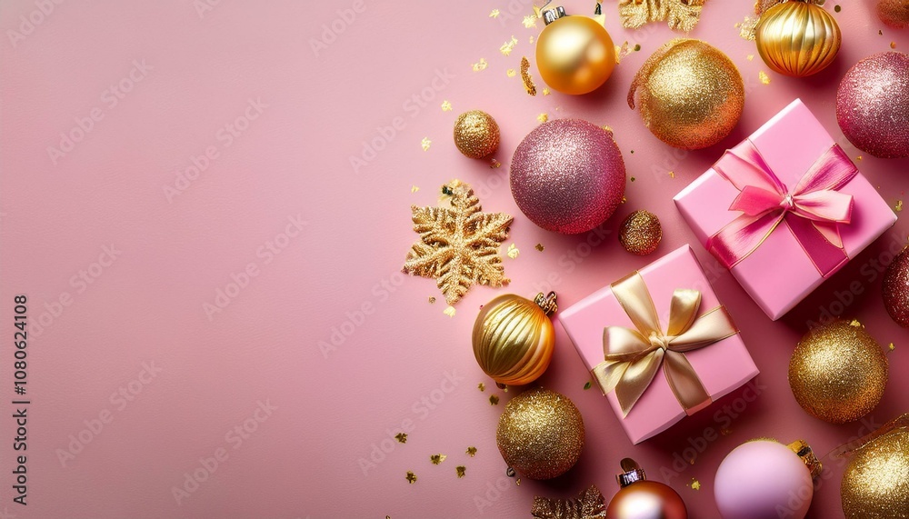 Top view of pink and gold gift boxes with shimmering ornaments and glittering Christmas balls — a festive backdrop for holiday celebrations, New Year sparkle, or luxurious Christmas party vibes.
Top view of pink and gold gift boxes with shimmering ornaments and glittering Christmas balls — a festive backdrop for holiday celebrations, New Year sparkle, or luxurious Christmas party vibes.