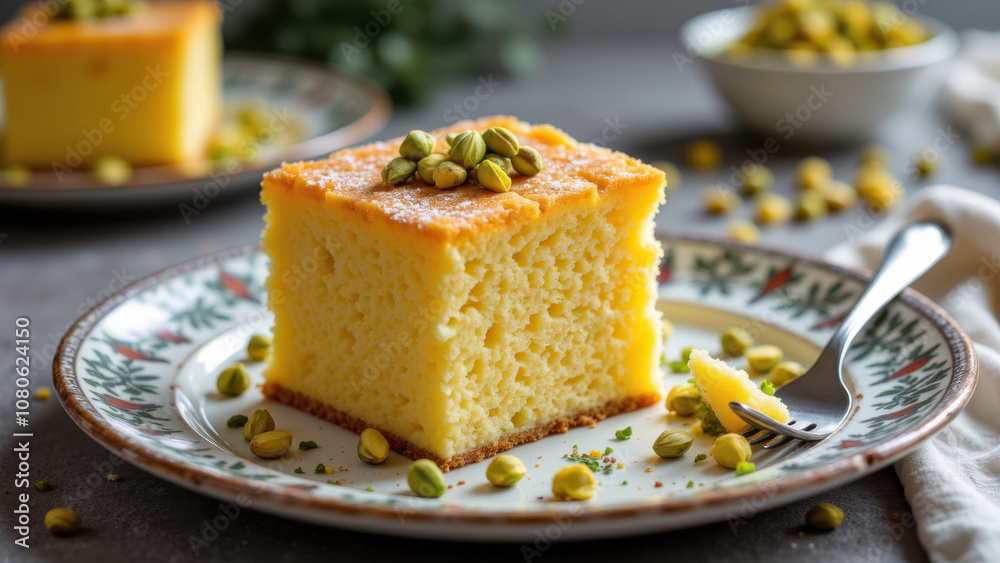 A slice of kunafa on a decorative plate with pistachio nuts on top. A slice of kunafa on a decorative plate with pistachio nuts on top.