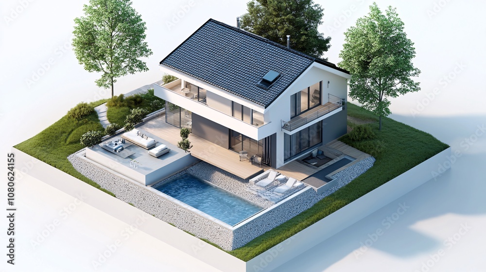 Modern house with swimming pool and landscaped garden in isometric view