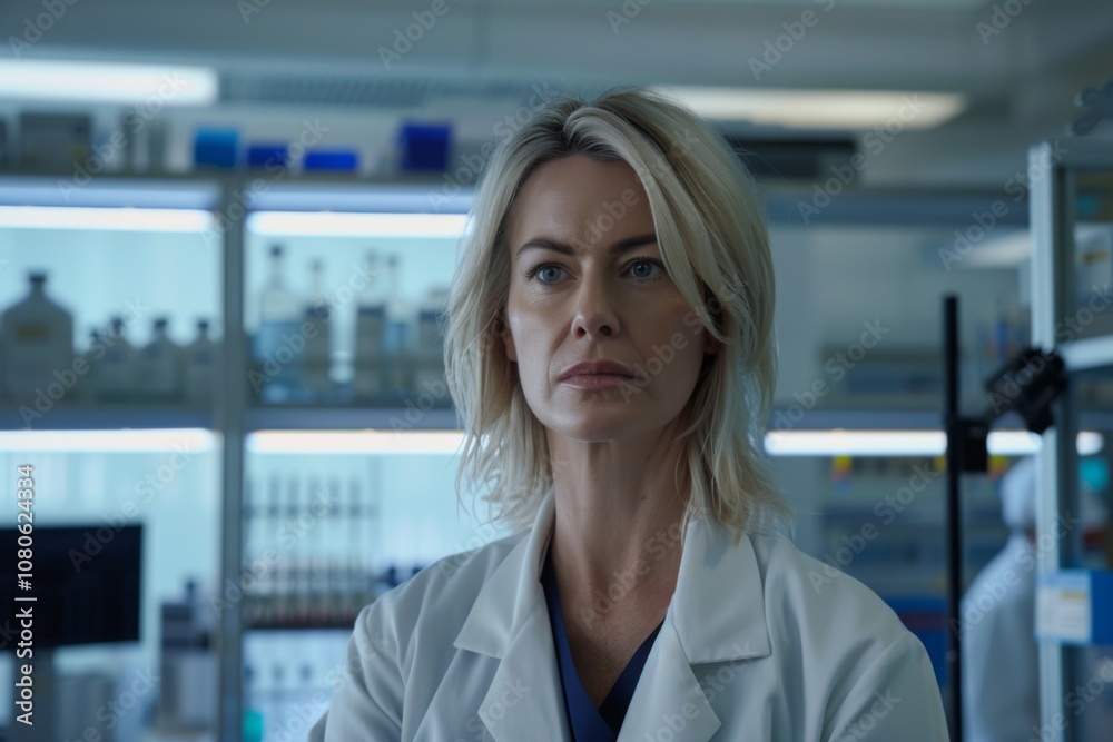 A scientist in her late forties with blonde hair conducts research in a modern laboratory focused on innovative scientific experiments A scientist in her late forties with blonde hair conducts research in a modern laboratory focused on innovative scientific experiments