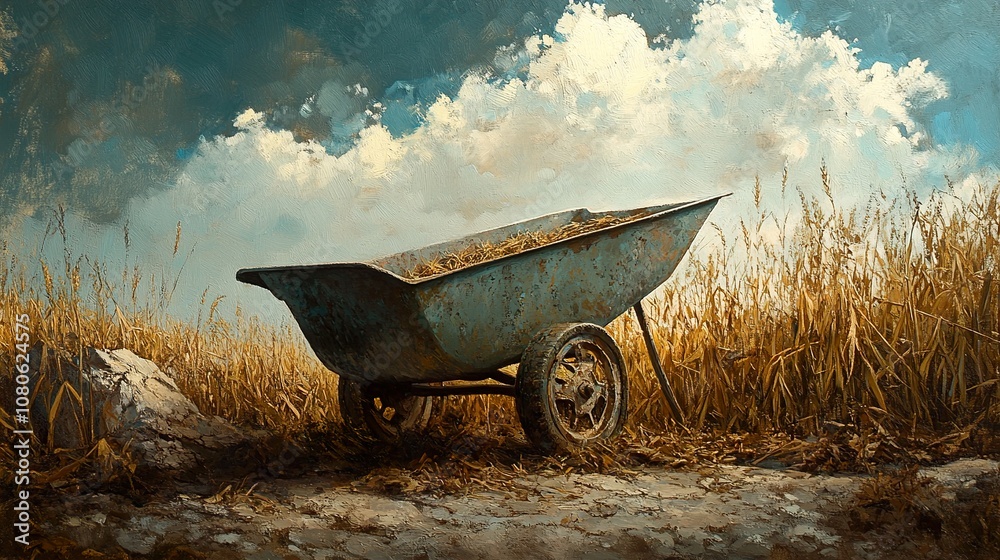 A Rusty Wheelbarrow in a Golden Wheat Field: A Peaceful Rural Landscape A Rusty Wheelbarrow in a Golden Wheat Field: A Peaceful Rural Landscape