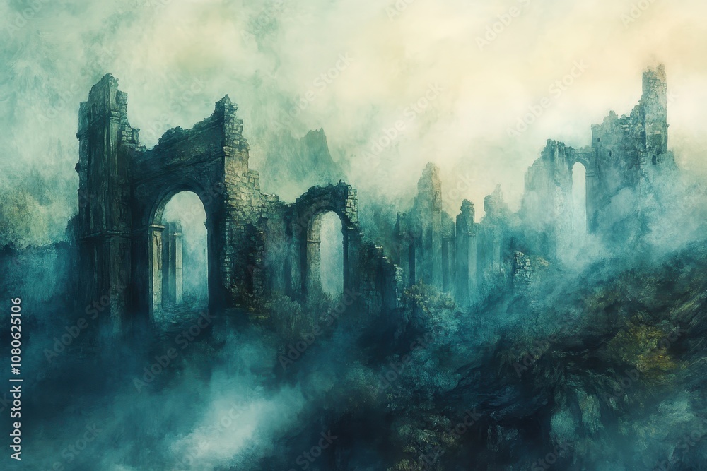 Ruins of a Stone Structure Emerging From a Misty Landscape Ruins of a Stone Structure Emerging From a Misty Landscape