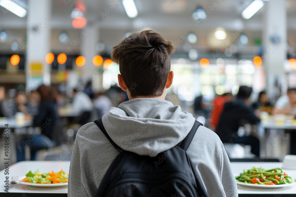 Fototapeta premium Young teen Enjoying Lunch in School or College Cafeteria Setting with Salad Bowls and Warm Lighting, Generative Ai
