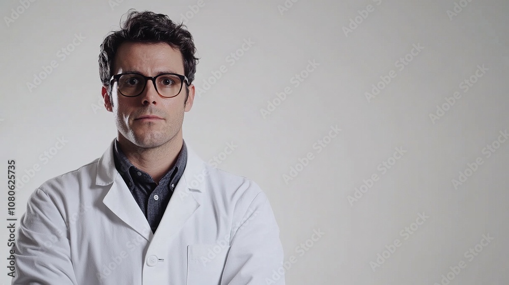 Intelligent male scientist in a white lab coat standing confidently against a neutral background, showcasing professionalism and expertise in a laboratory setting for science concepts Intelligent male scientist in a white lab coat standing confidently against a neutral background, showcasing professionalism and expertise in a laboratory setting for science concepts